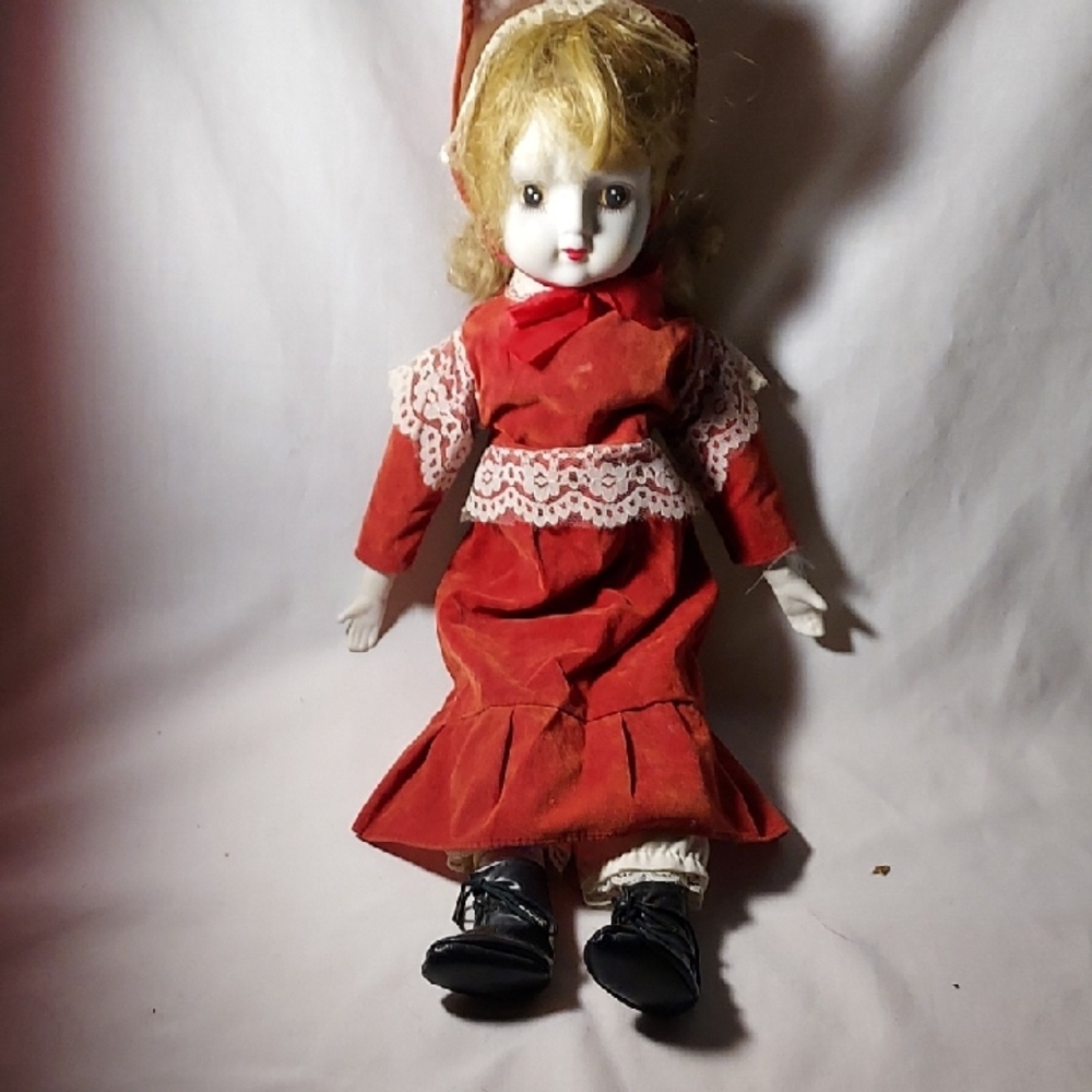 Vintage Porcelain Doll Red Dress Porcelain Head Shoulders hands Legs Blond Hair